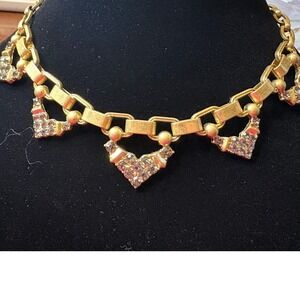 Stella & Dot Gold Tone Statement Necklace Rhinestone Triangle Pendant